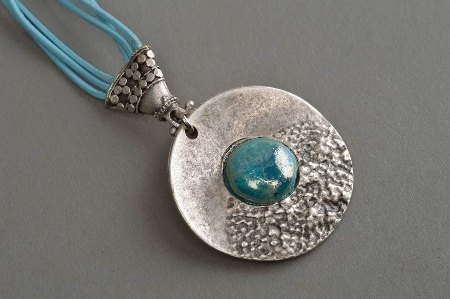 Handmade female round pendant stylish accessory made of clay unusual jewelry photo 3