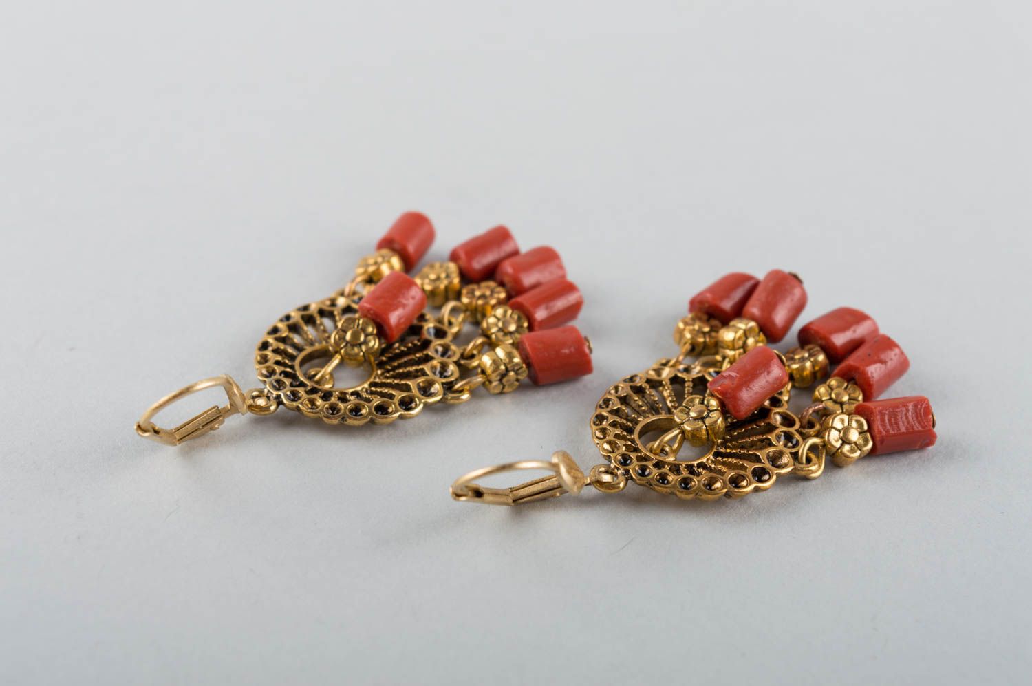 Beautiful handmade round dangle earrings with coral beads designer jewelry photo 4