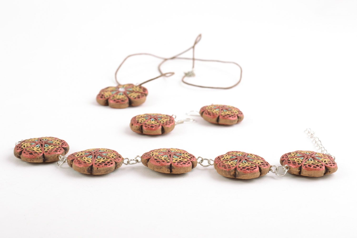 Handmade painted clay jewelry set 3 items patterned earrings bracelet and pendant photo 4