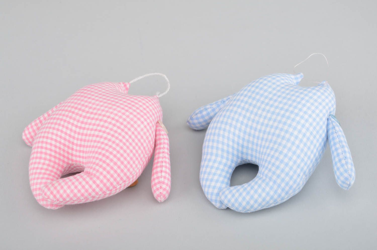 Ensemble de peluches chats bleu et rose à carreaux en coton faites main 2 pièces photo 4