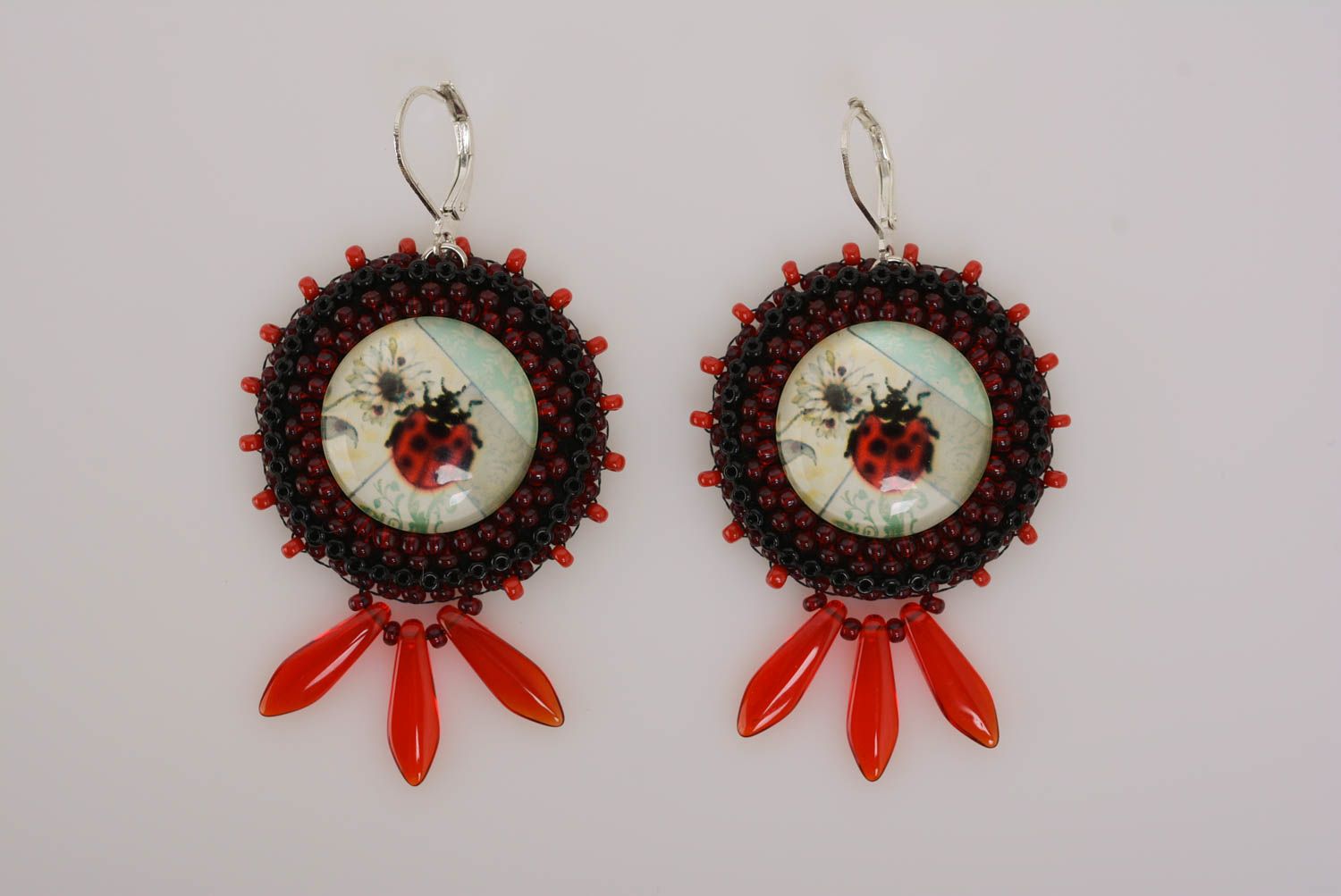 Beautiful women's handmade designer beaded dangle earrings Ladybug photo 4