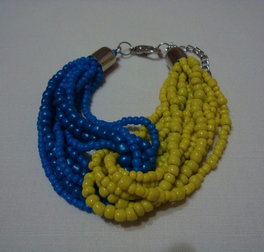 Large bracelet tressé de perles de rocaille double couleur jaune bleu fait main photo 2