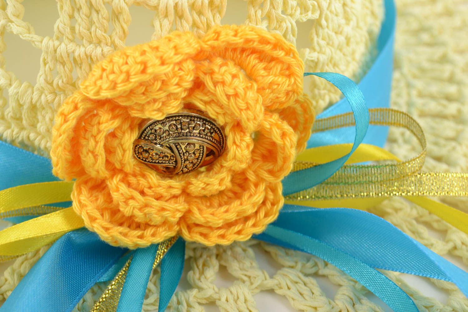 Handmade designer crocheted lacy summer hat with yellow flower and blue ribbon photo 2