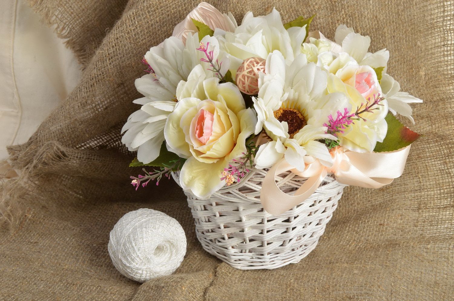 Stylish small handmade white wicker basket with fabric flowers  photo 1