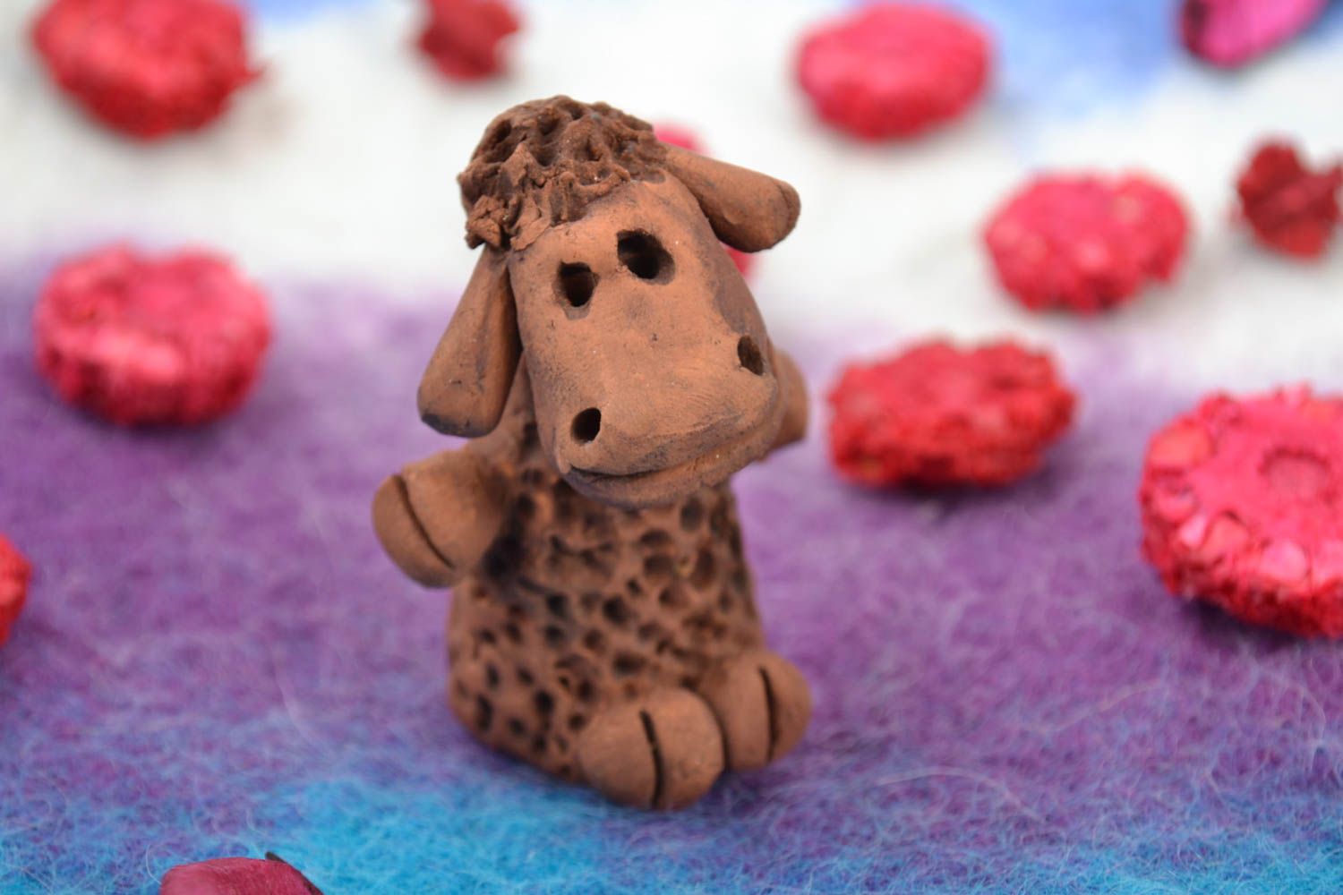 Small ceramic figurine of lamb made of red clay handmade souvenir for home decor photo 1