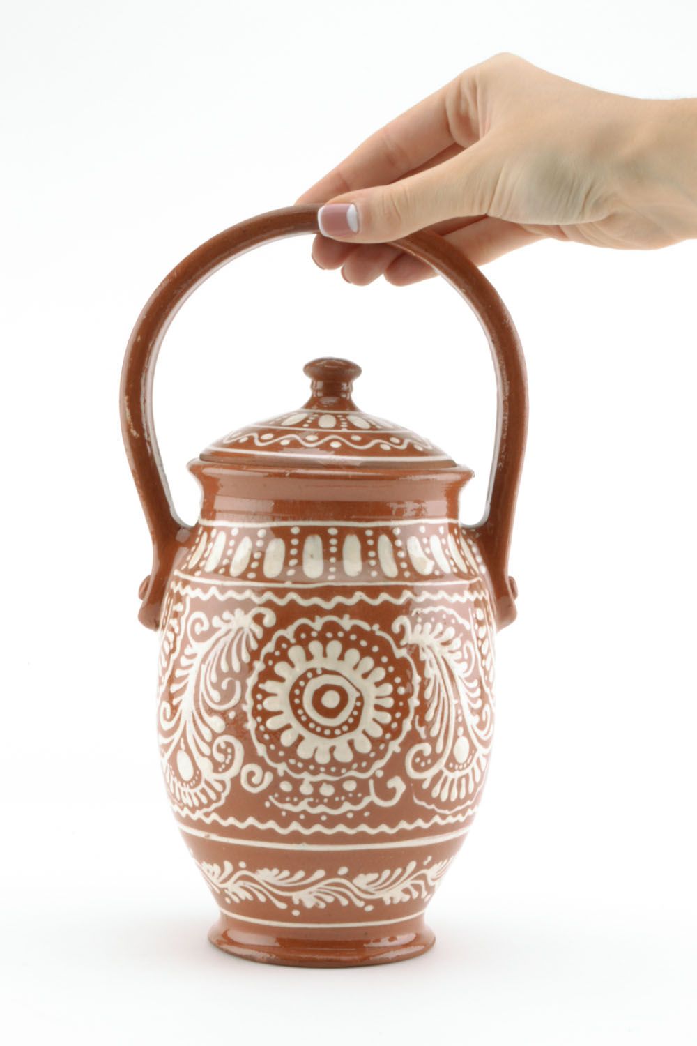 60 oz clay glazed hand-painted terracotta water pitcher with long handle 1,65 lb photo 2