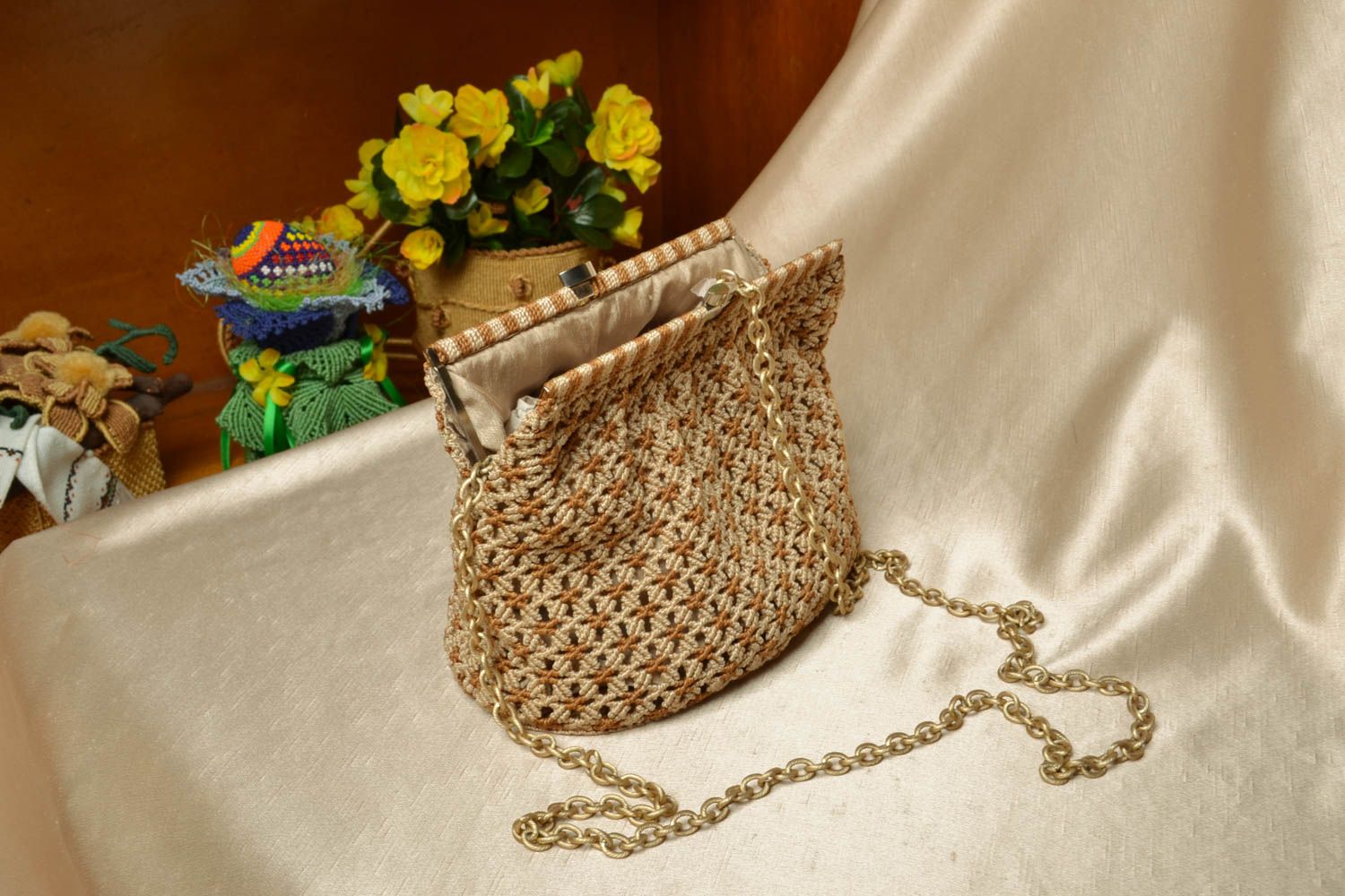 Macrame woven bag with a chain photo 1