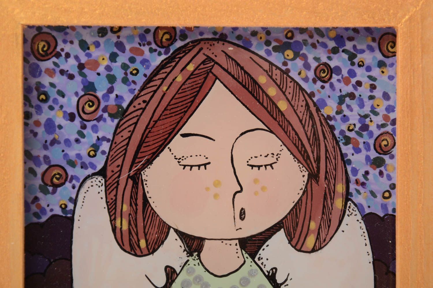 Jolie peinture avec ange dans cadre en bois murale à l'huile faite main photo 3