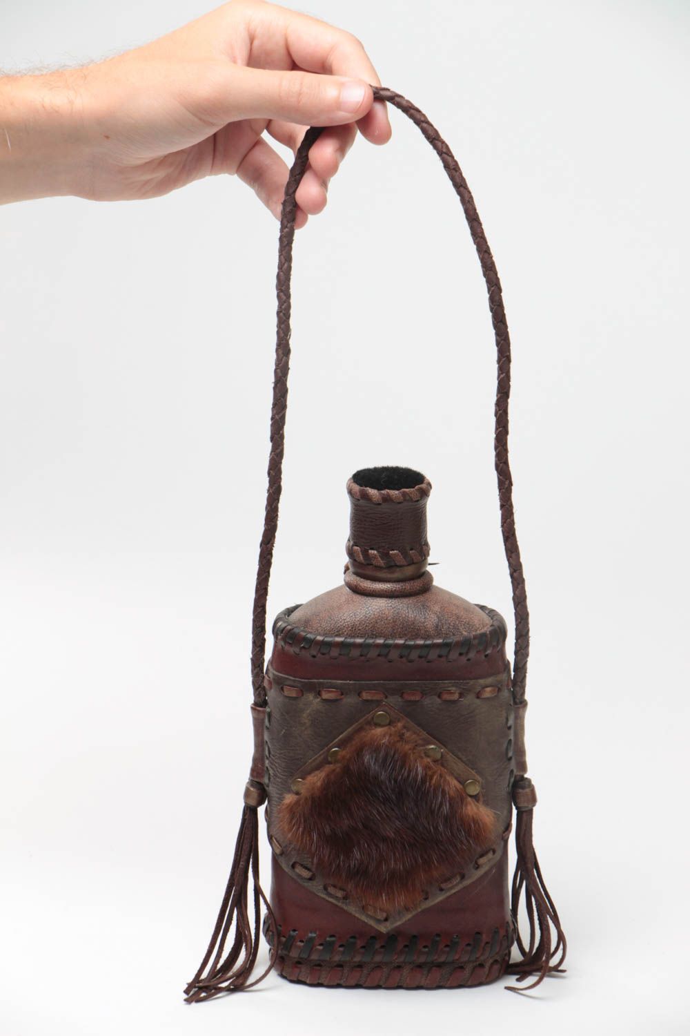 Handmade decorative designer leather covered flask decorated with metal and fur photo 5