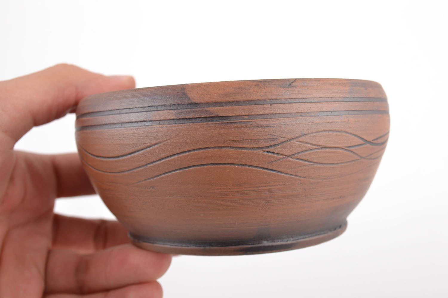 Small handmade brown clay bowl 500 ml ceramic soup plate photo 2