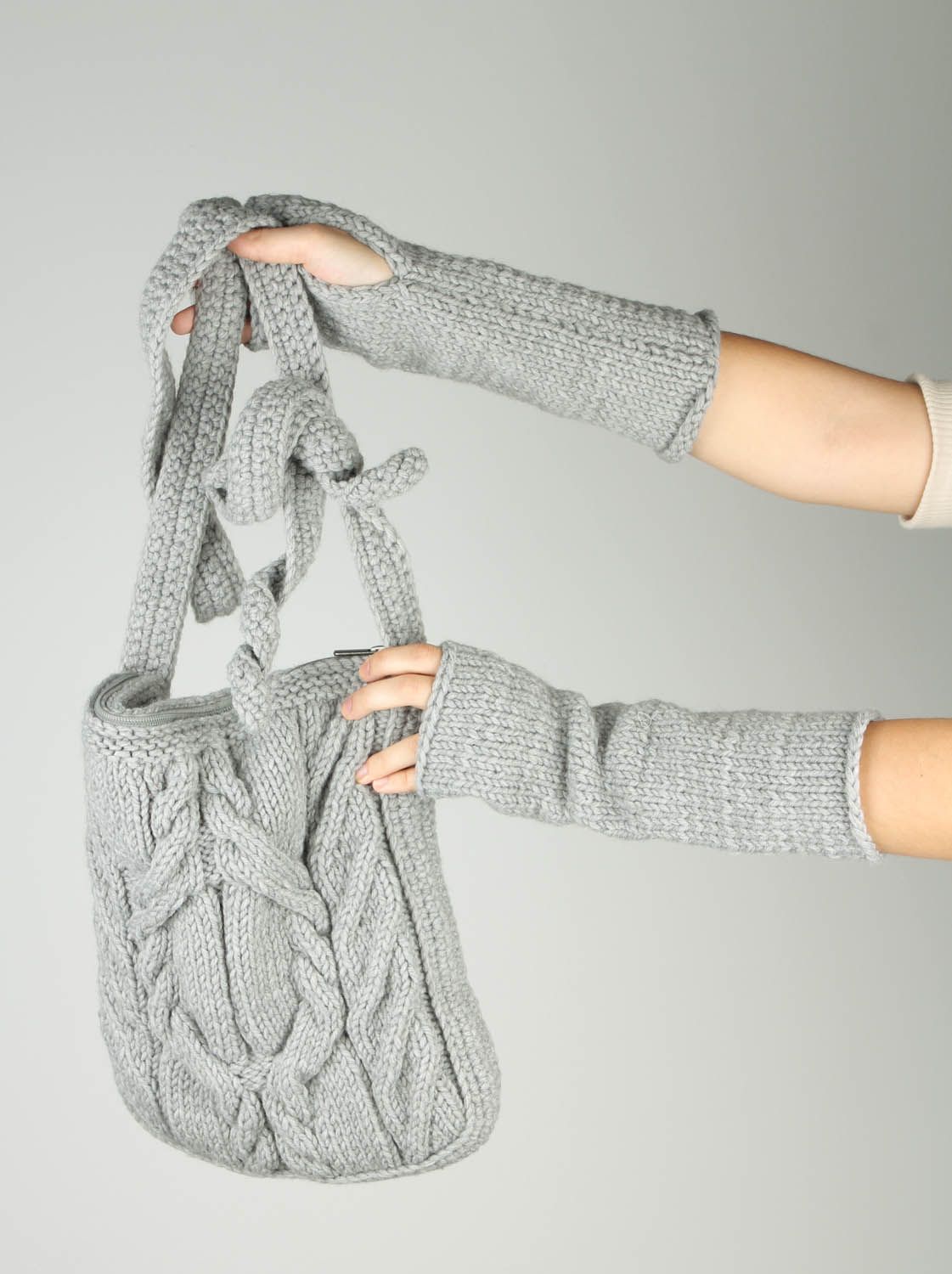 Mala de malha com mitenes de fios de lã acessórios femininos quentes tricotados  foto 2