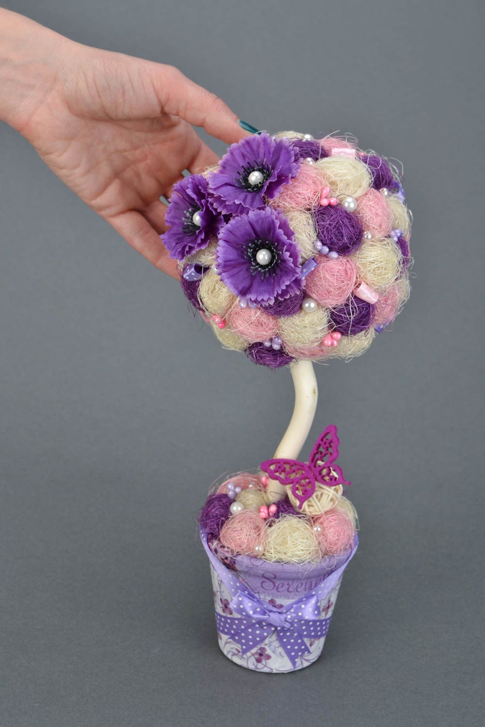 Handmade decorative tree topiary with flowers and beads in violet color palette photo 2