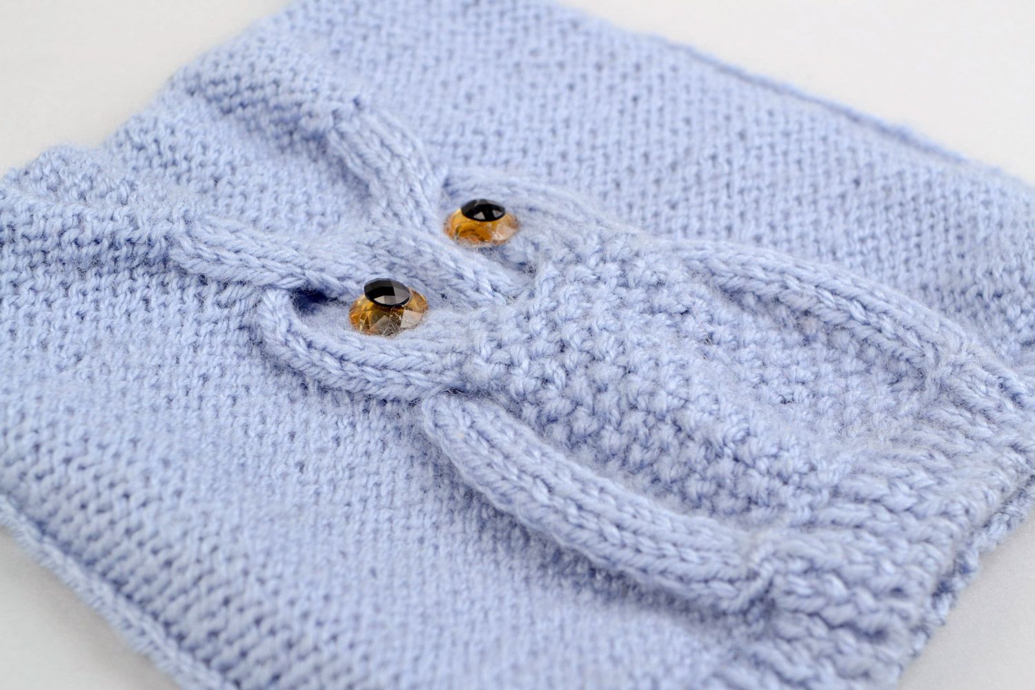 Rectangular handmade blue knitted hat for baby with owl pattern made of acrylic yarns photo 1