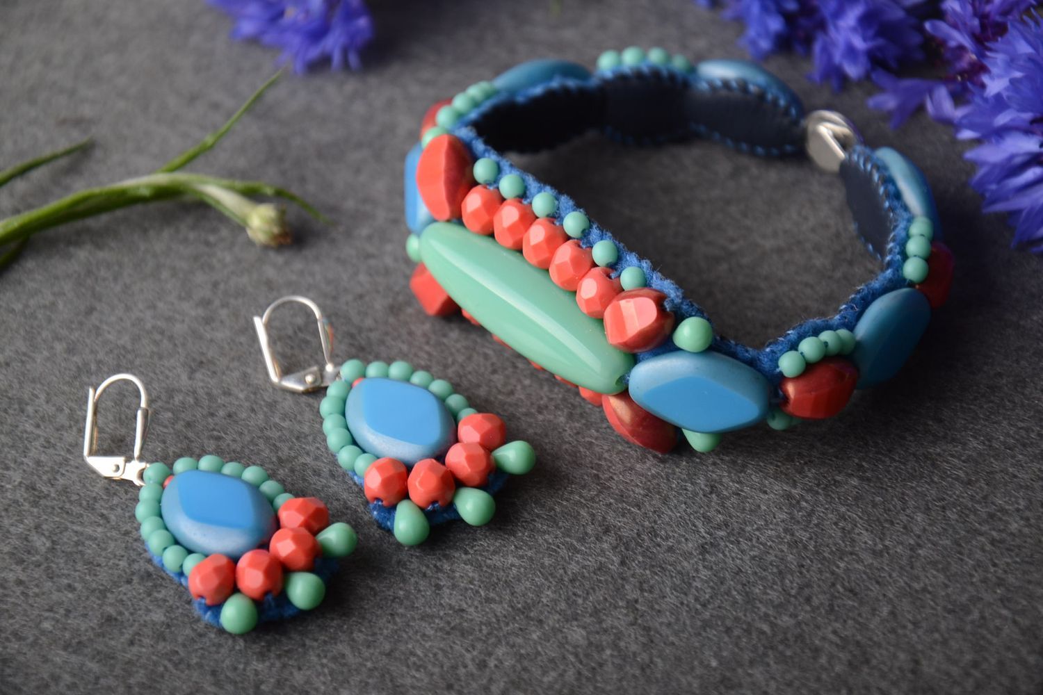 Handmade Schmuck Set Modeschmuck Armband und Ohrringe für Damen blau schön foto 1