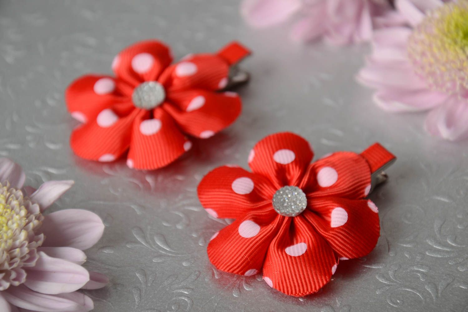 Handmade hair clips with red polka dot satin ribbon flowers set of 2 items photo 1