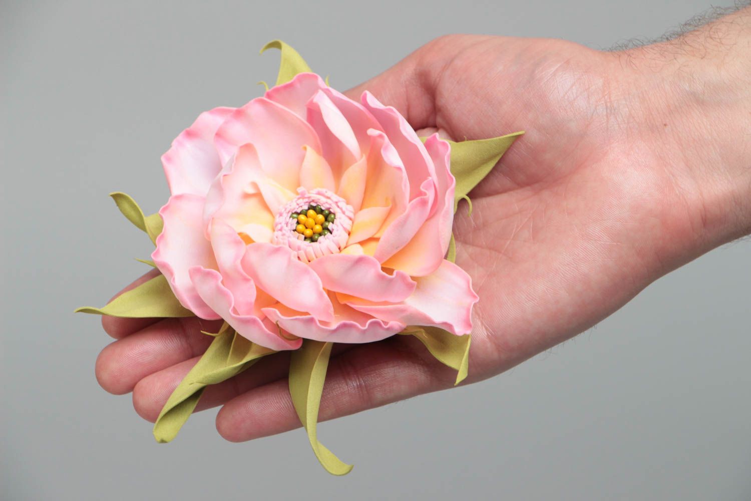 Handmade designer hair clip brooch with pink volume foamiran flower and leaves photo 5
