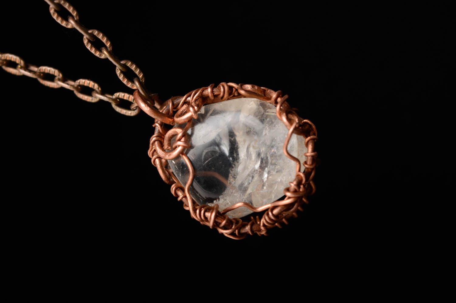 Copper wire wrap pendant with rock crystal photo 3