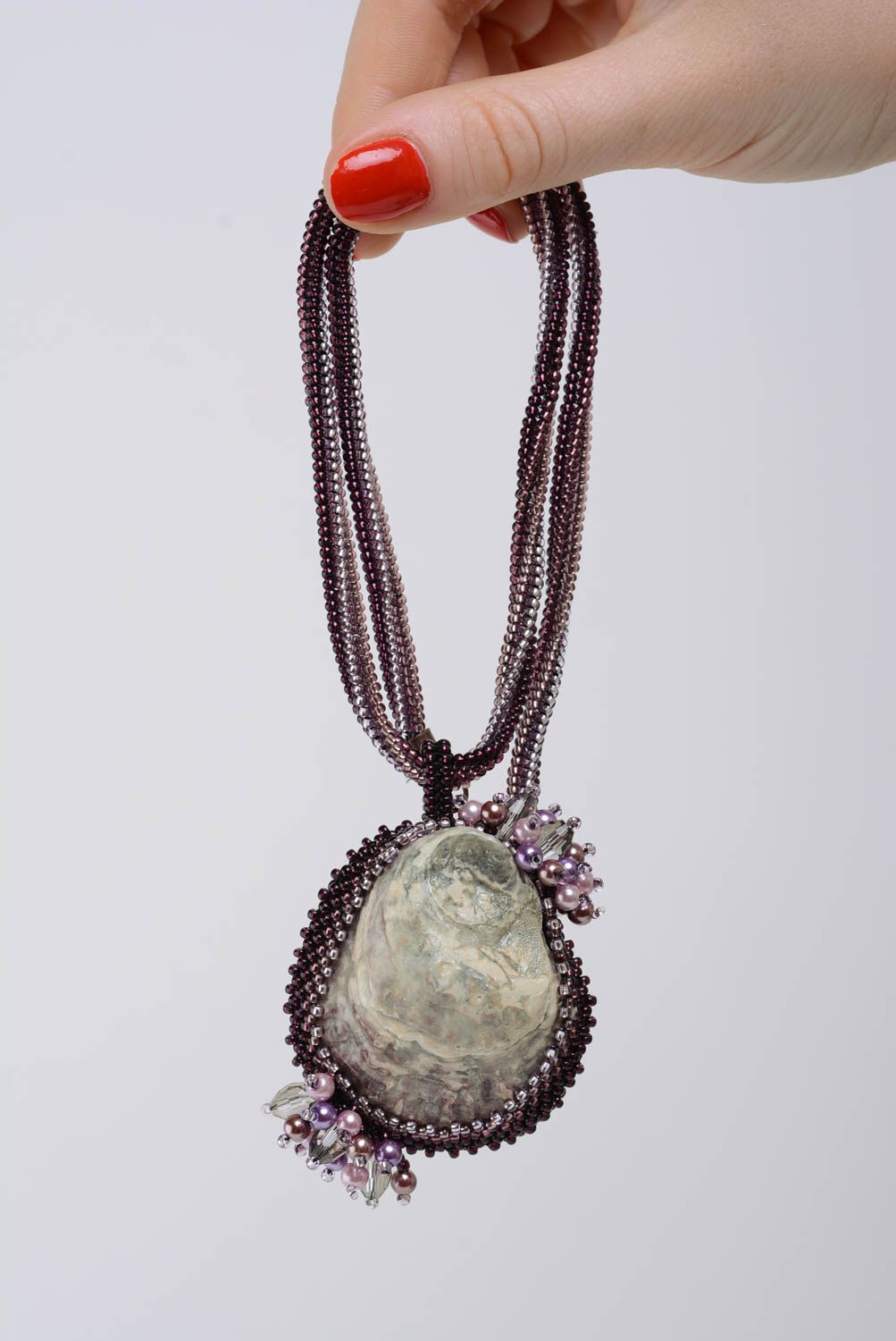 Handmade designer beaded pendant with natural seashell in violet color palette photo 4