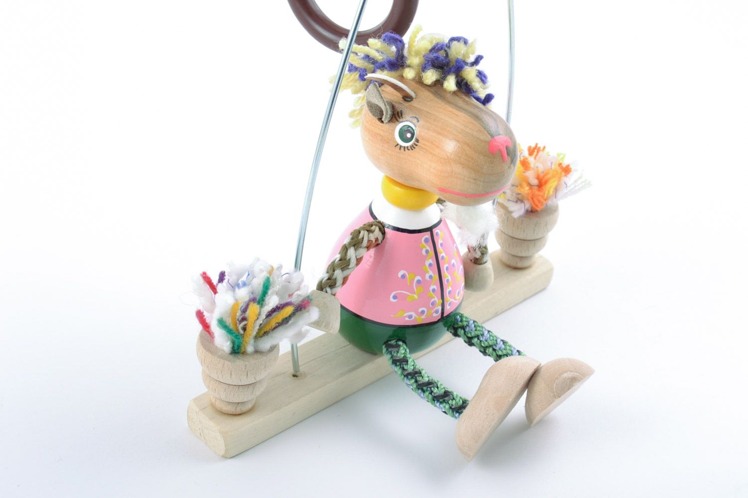 Eco friendly wooden handmade toy goat on a swing with painting funny toys for kids photo 3