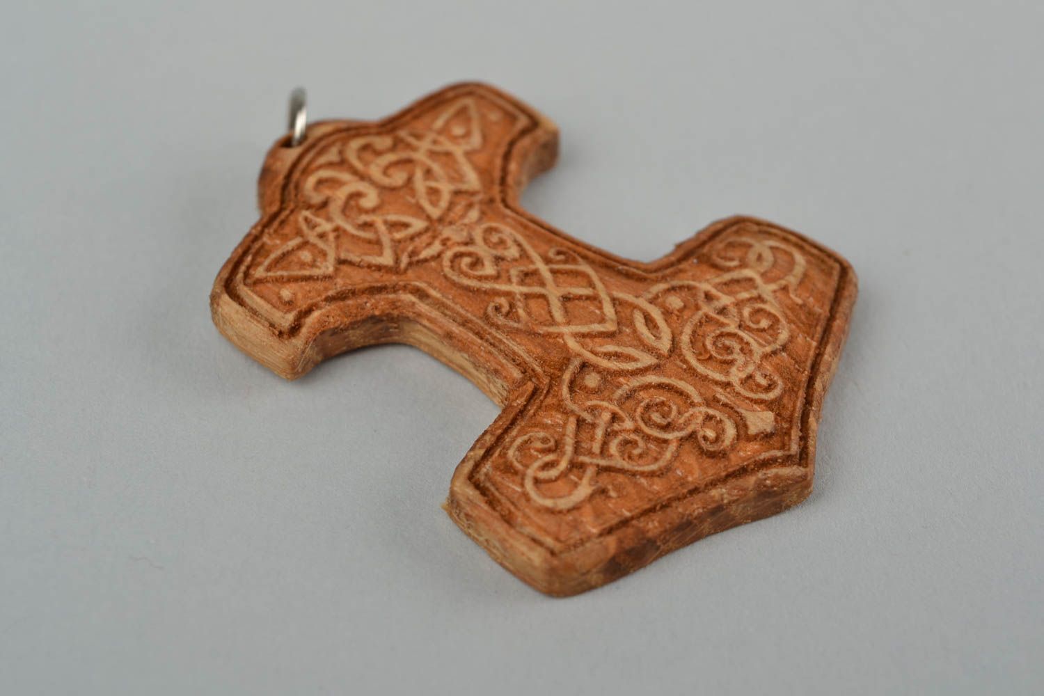 Unusual handmade amulet pendant made of wood with ornament Thor's hammer photo 3