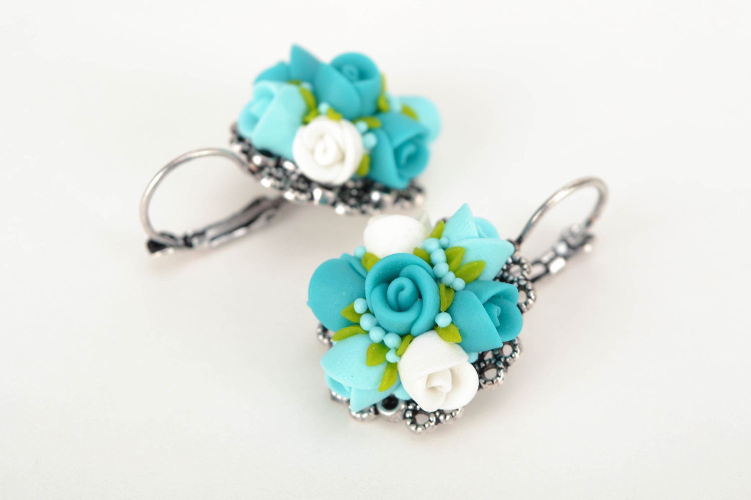 Unusual polymer clay flower earrings Turquoise photo 3