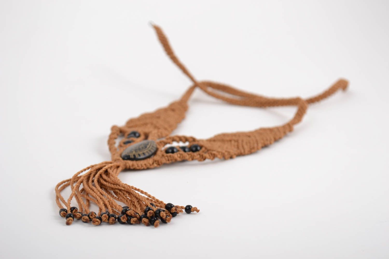 Beautiful brown macrame necklace with beads and tassel handmade accessory photo 3