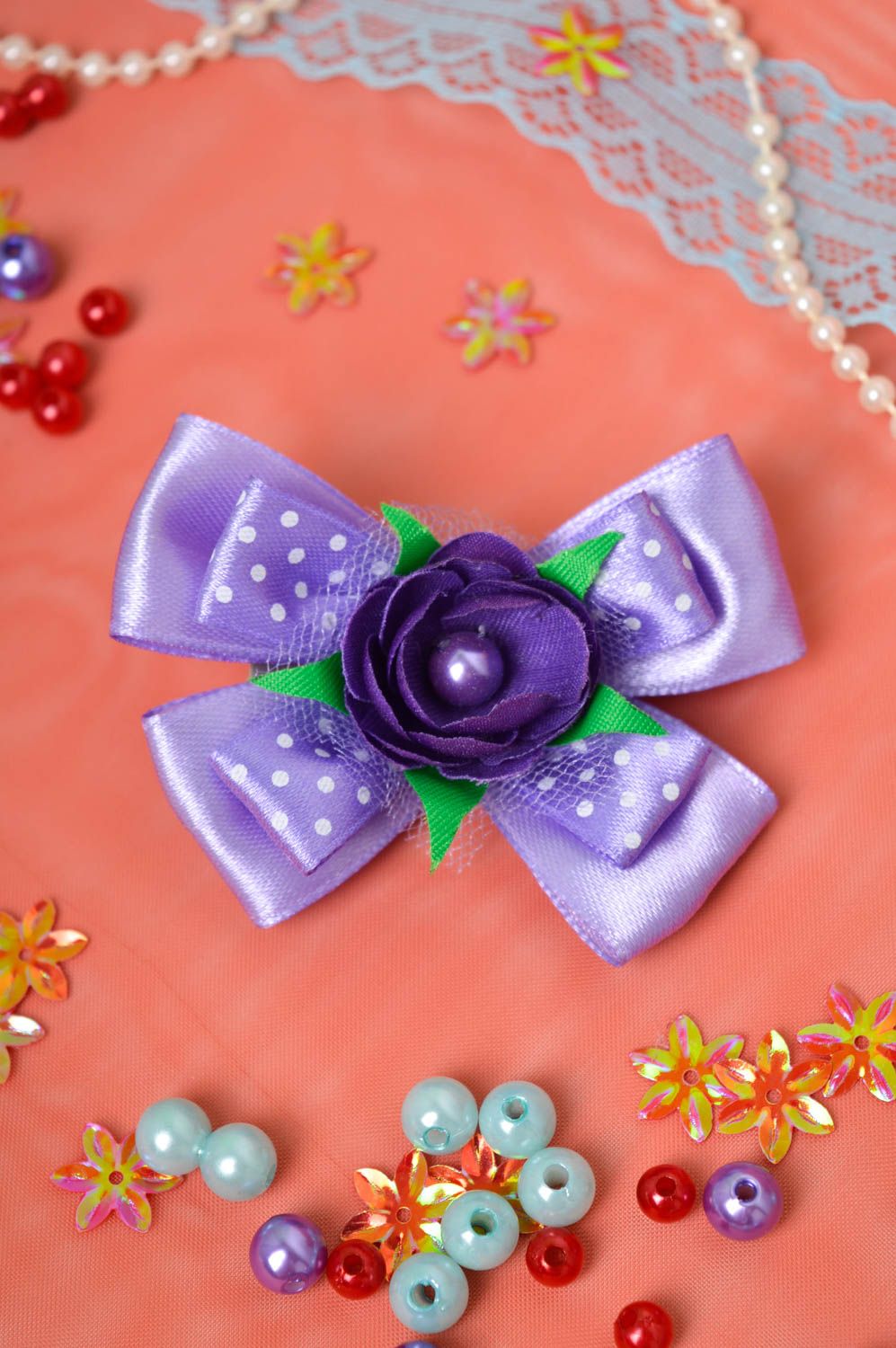 Handmade Haar Spange festlicher Haarschmuck Blüte fürs Haar aus Atlas violett foto 1