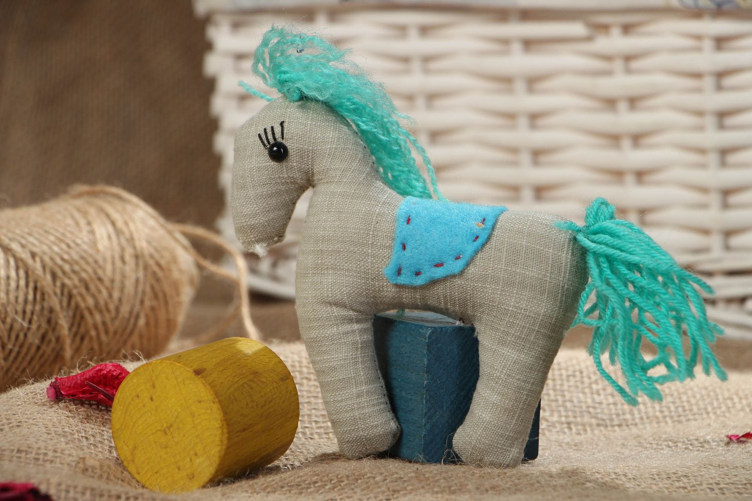 Handmade soft fabric toy Horse with Turquoise Mane photo 5