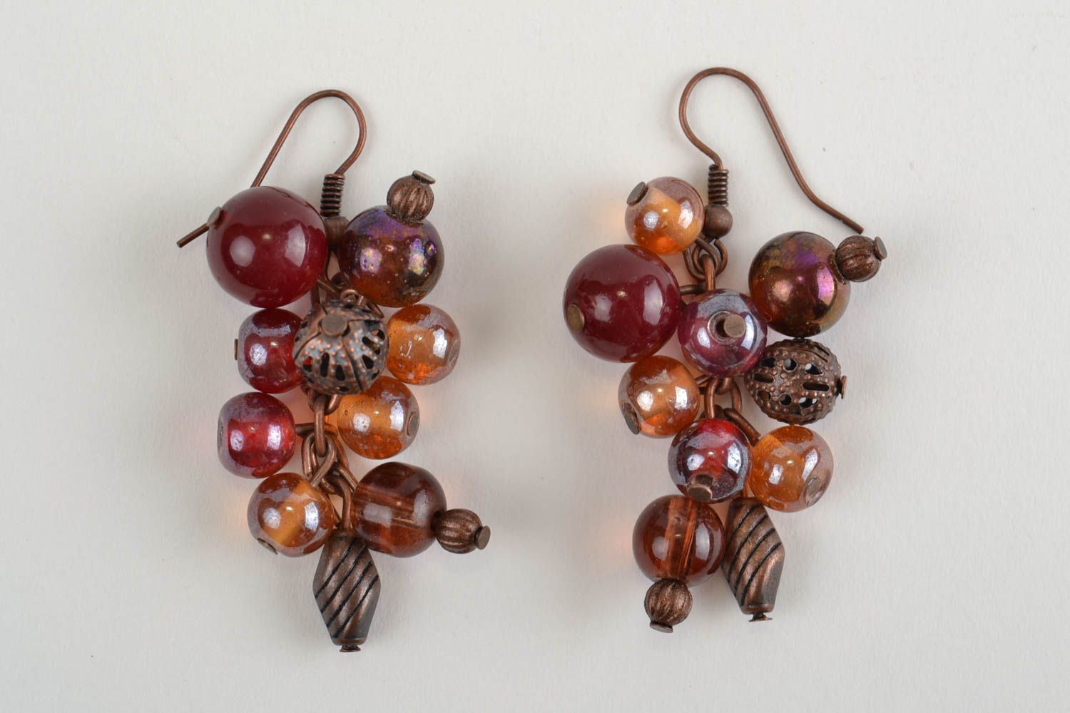 Handmade designer dangling earrings with coral and glass beads brown stylish photo 3