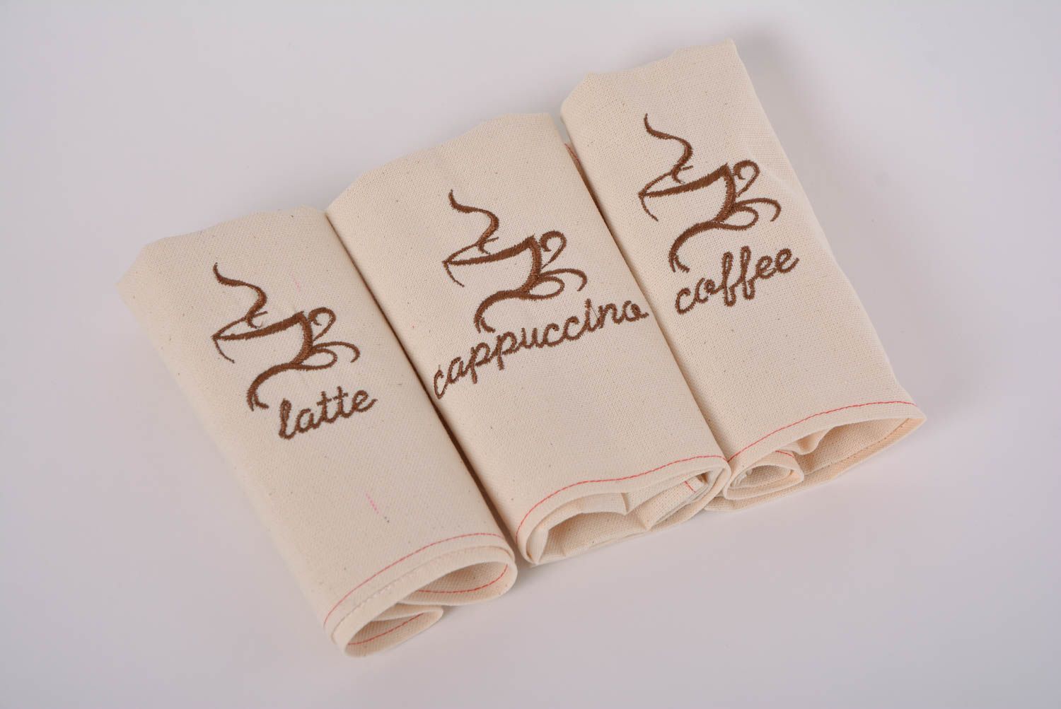 Designer long beige semi linen napkin with handmade embroidery Cup of Latte photo 5