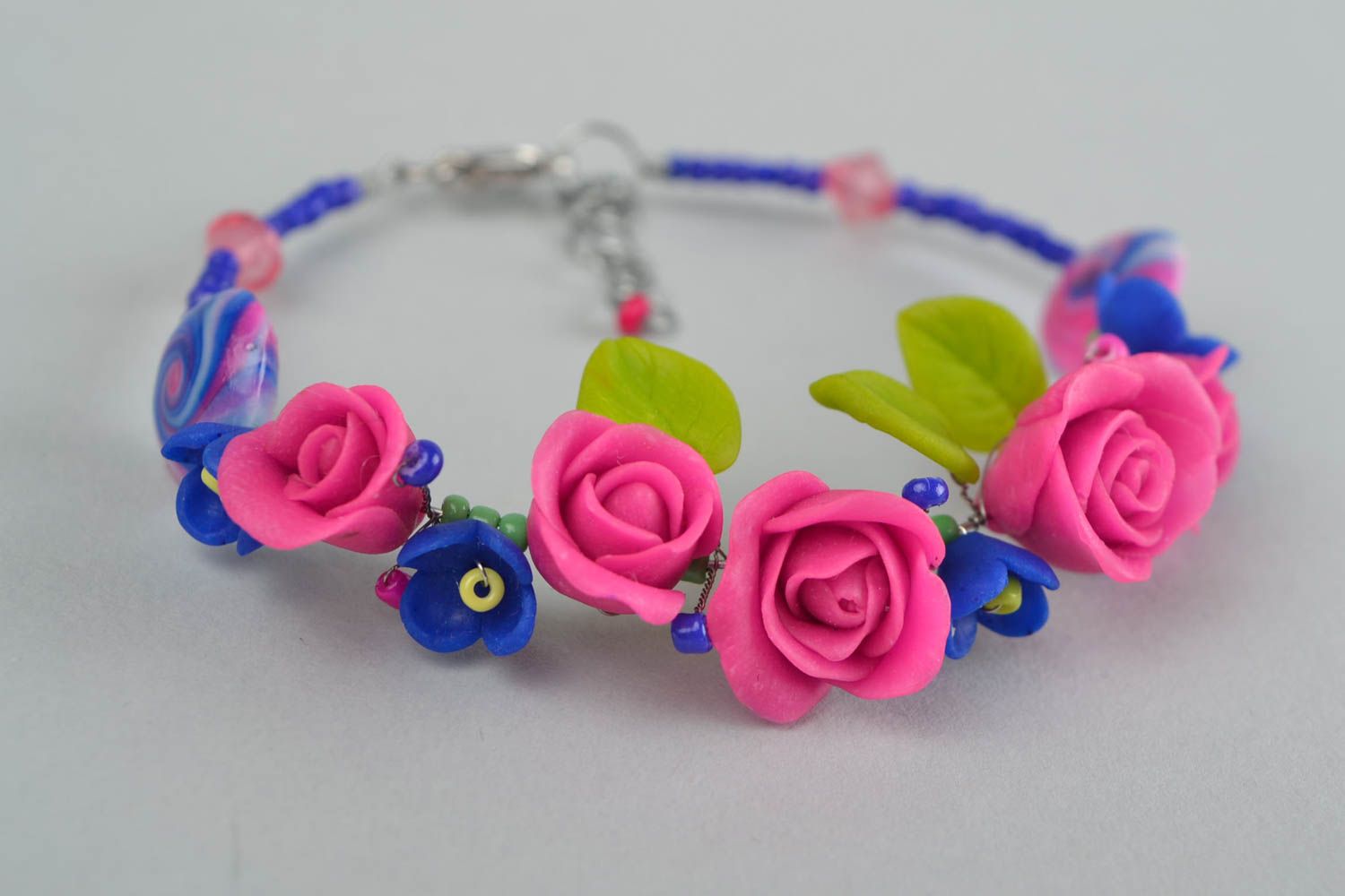 Bright homemade women's wrist bracelet with polymer clay flowers Tea Rose photo 4