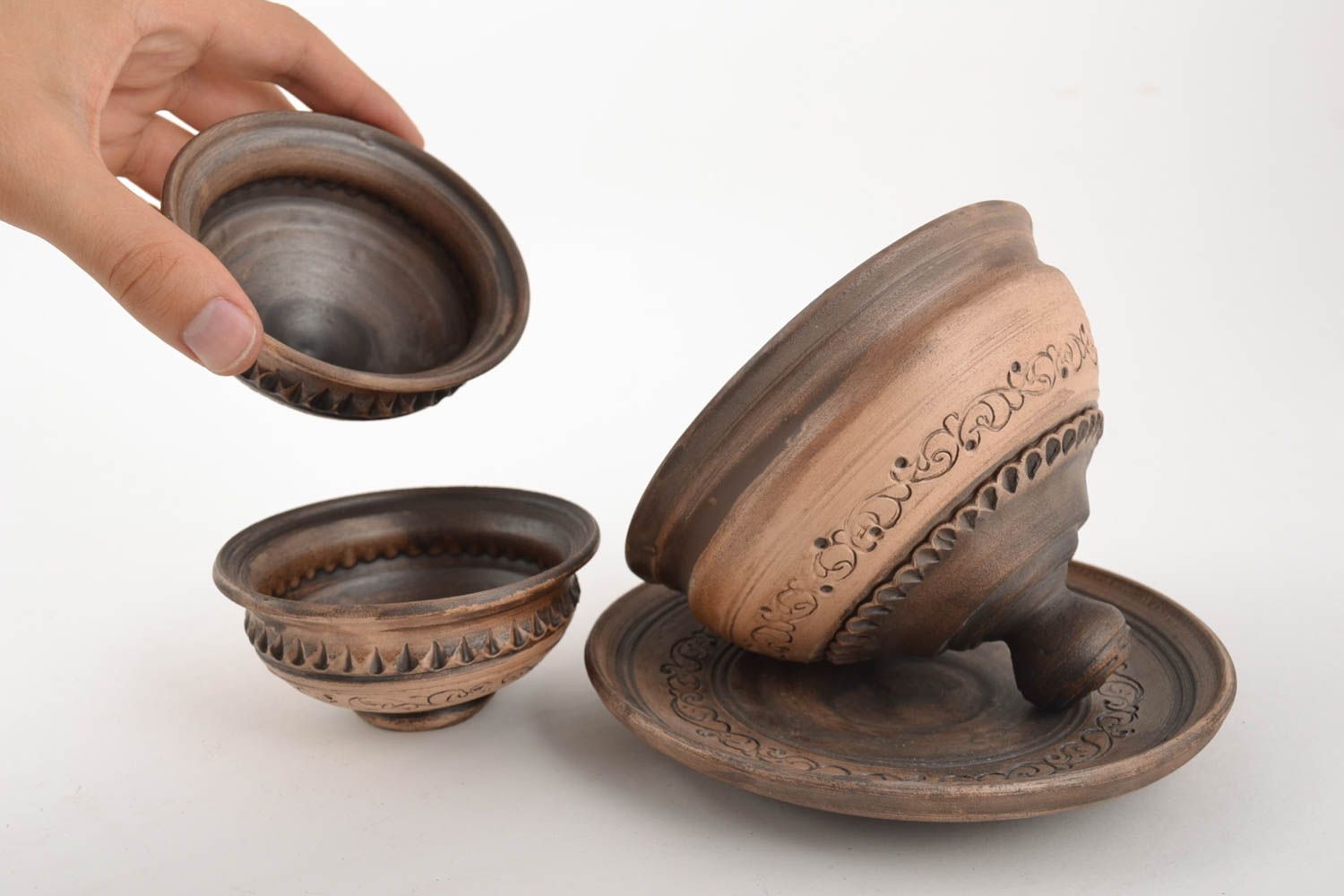 Juego de vajilla cerámica artesanal  técnica de alfarería mantequera escudillas foto 4