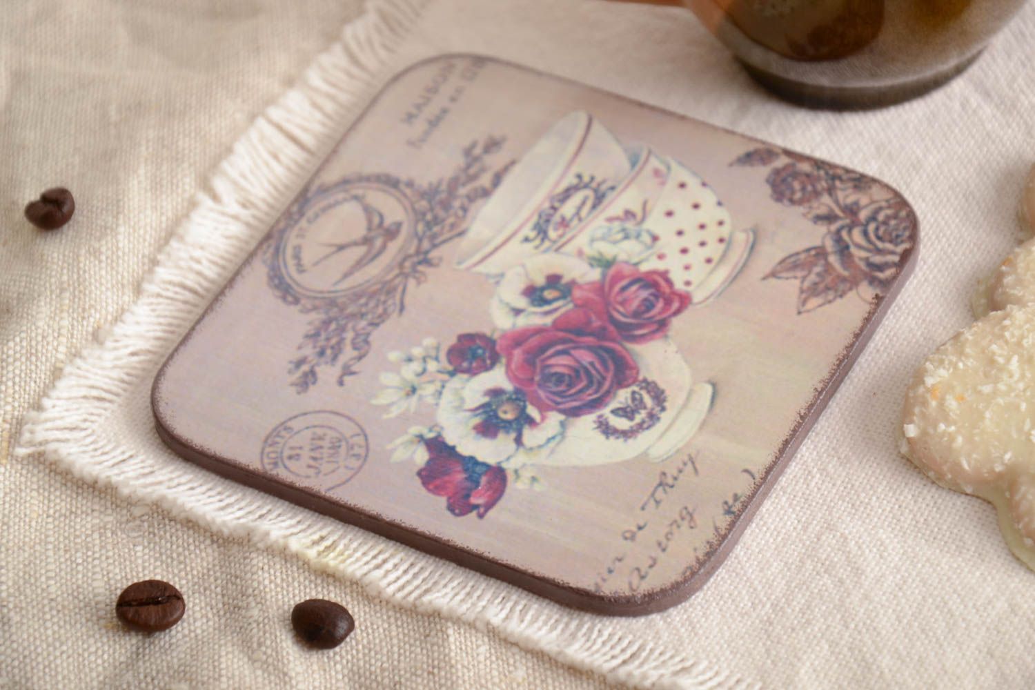 Beautiful homemade decoupage plywood coaster for hot cup or glass photo 1