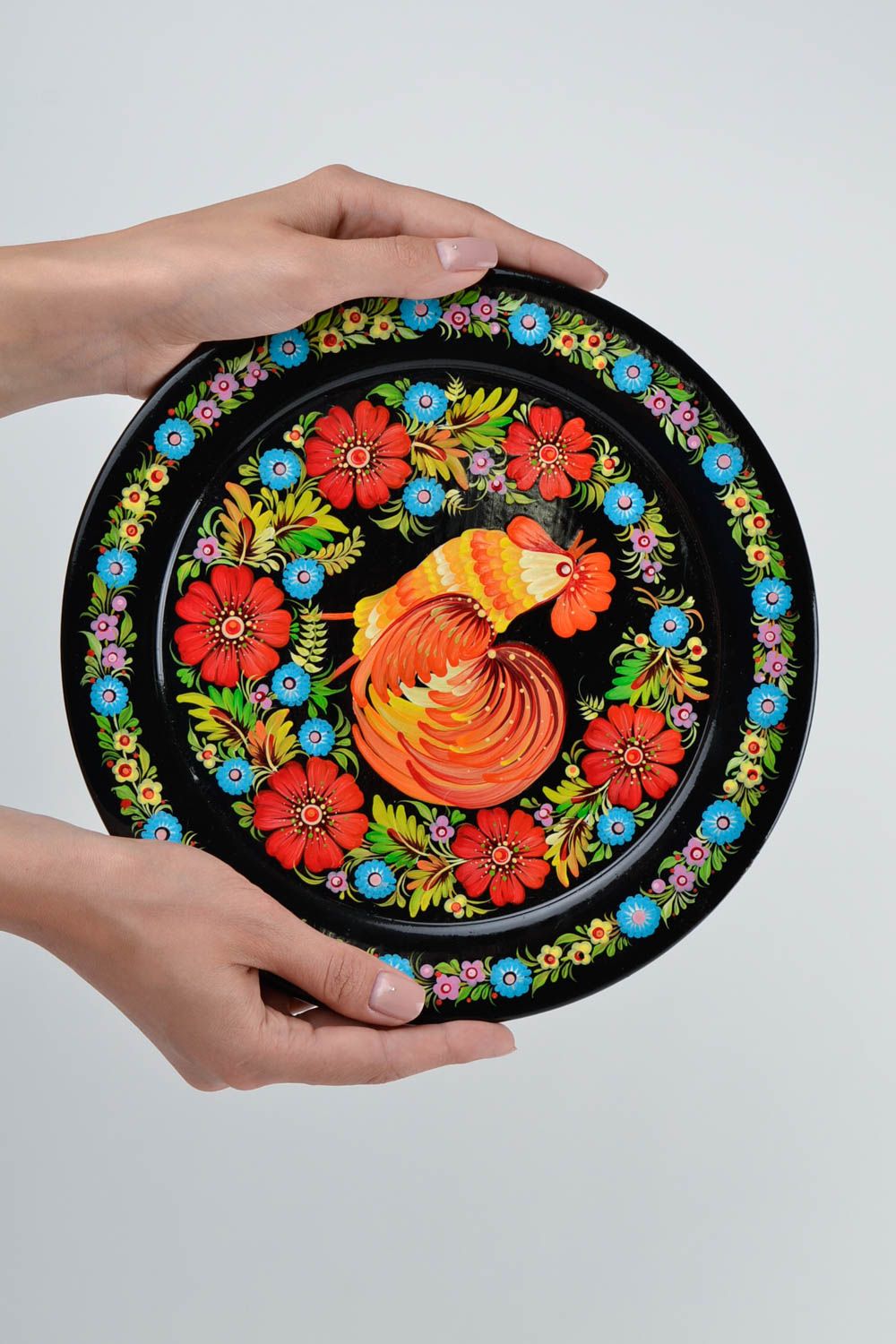 Деревянная тарелка с Петриковской росписью ручной работы декоративная Петушок фото 2