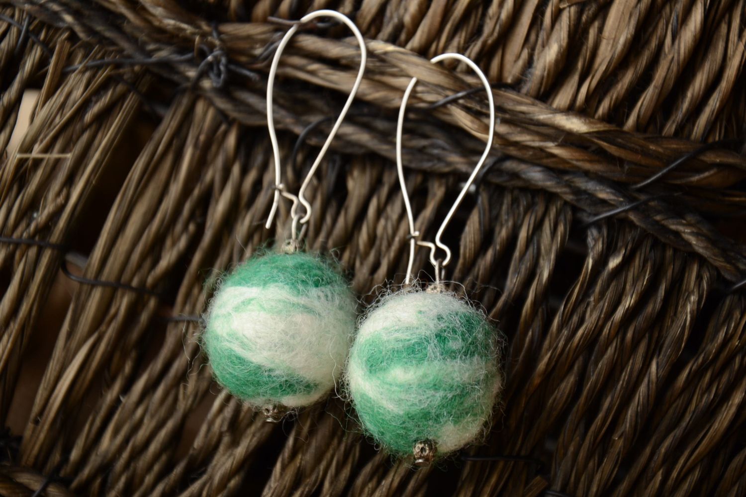 Wool felted earrings Green Sphere photo 1
