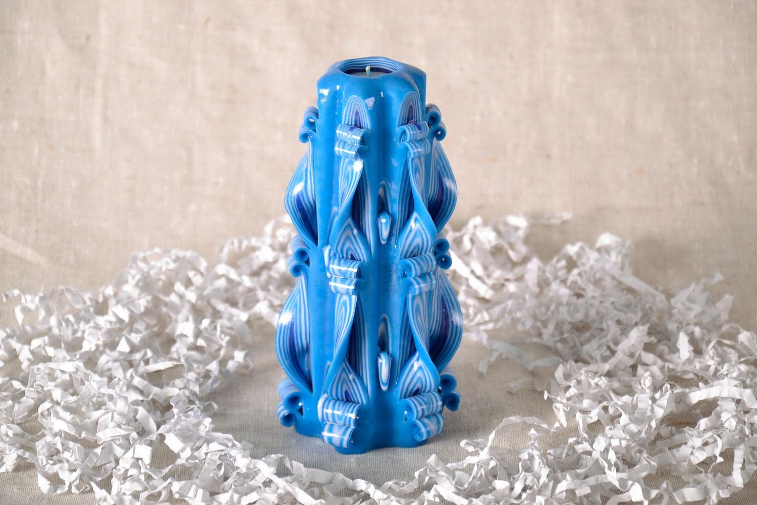 Paraffin wax carved candle Blue cypress photo 4