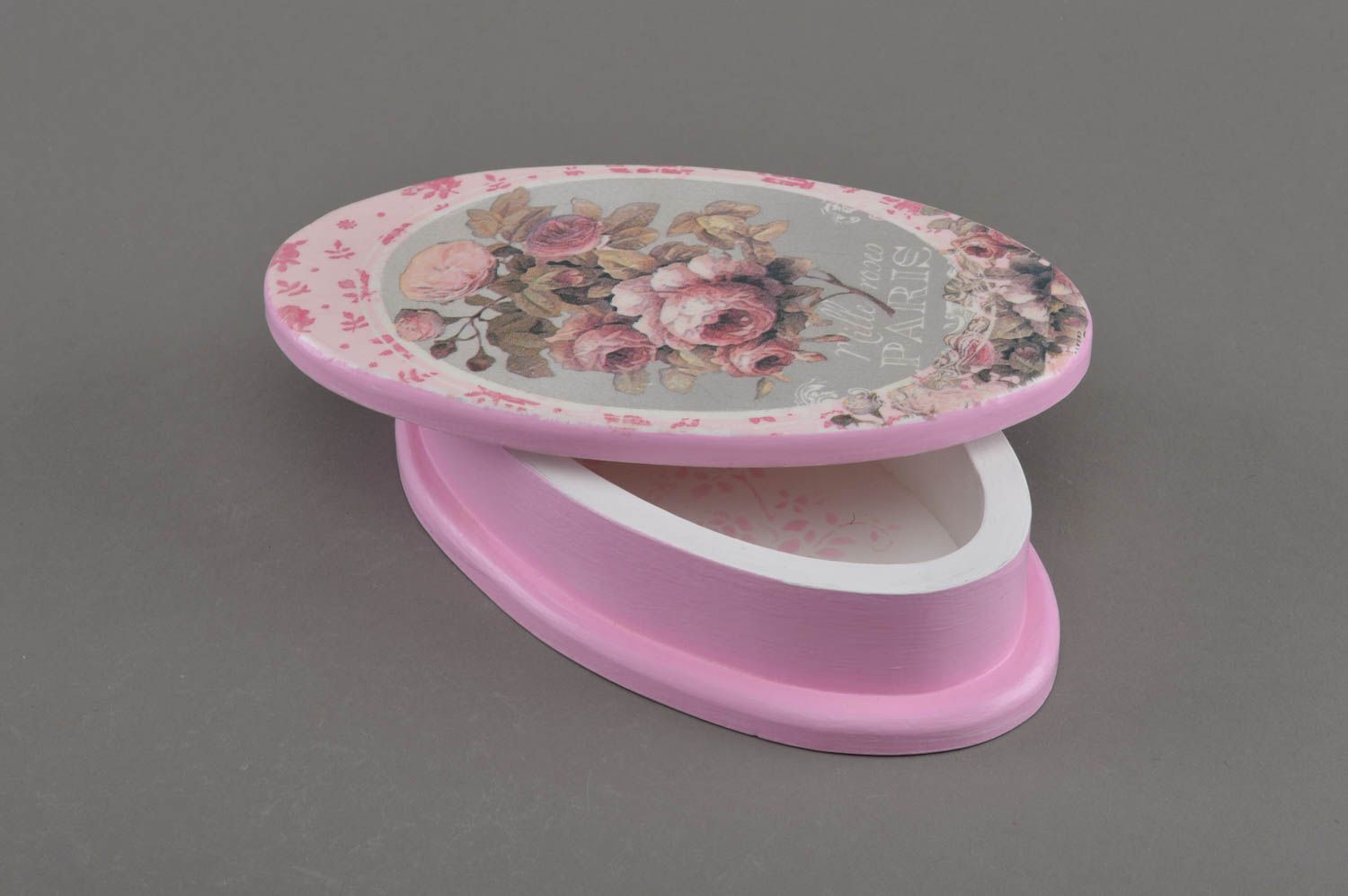 Unusual beautiful pink wooden jewelry box decorated with decoupage for gift photo 3