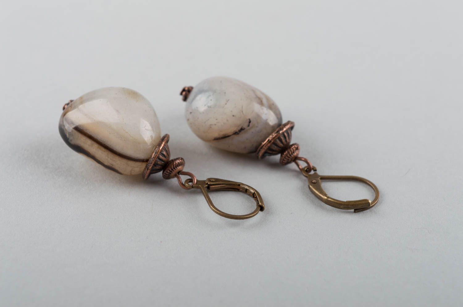 Handmade designer latten dangling earrings with natural white agate stone photo 3