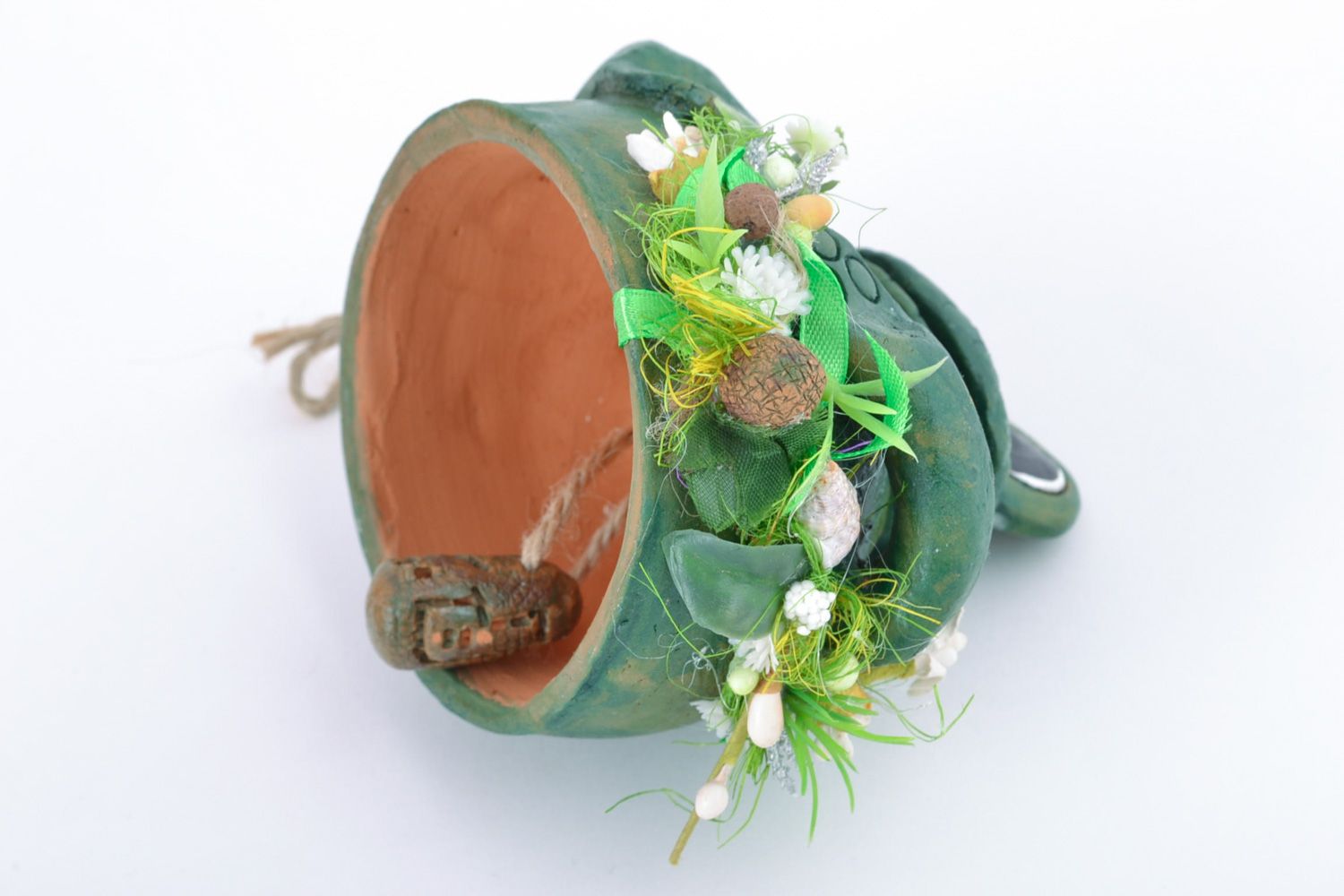 Petite clochette en céramique à suspendre verte faite main Grenouille   photo 5