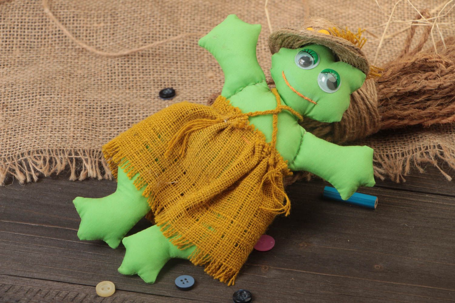 Beautiful handmade textile soft toy green frog in dress photo 1