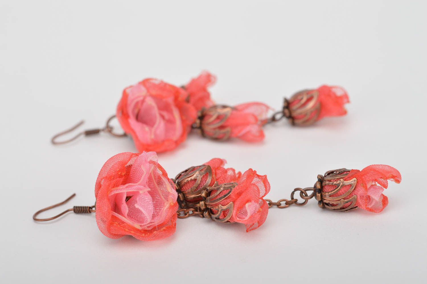 Handmade unusual long earrings flower textile accessory beautiful earrings photo 3