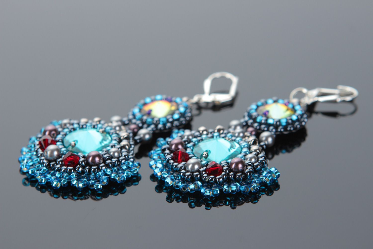 Massive handmade dangle earrings of blue color with beads and rhinestones photo 2