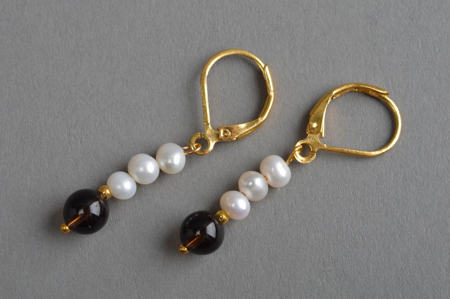 Handmade quartz earrings accessory with river pearls unusual stylish jewelry photo 2
