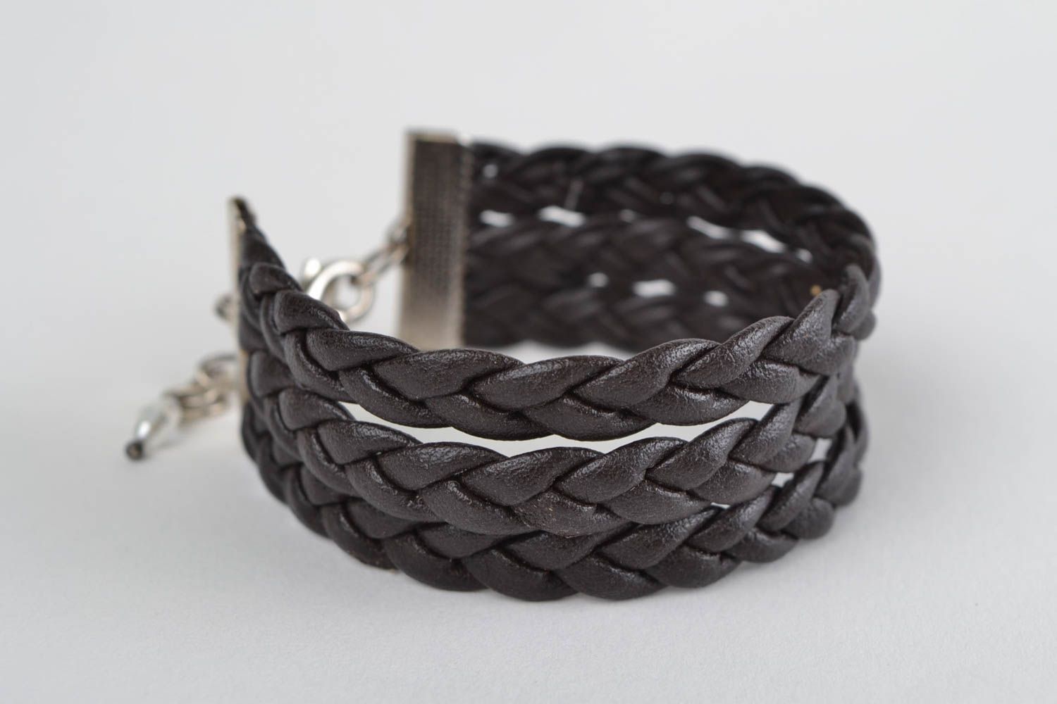 Unusual handmade braided faux leather wrist bracelet of black color photo 3