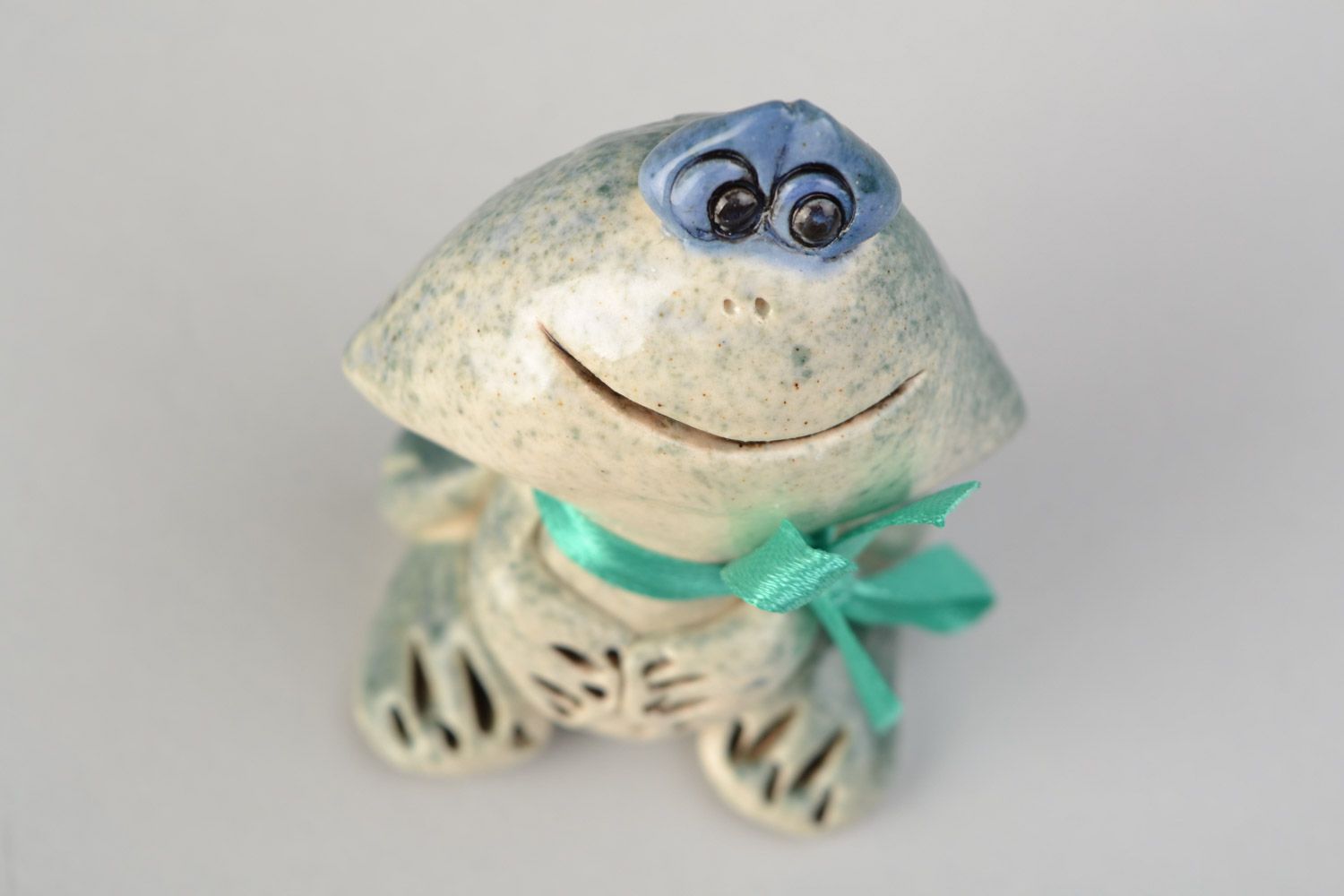Handmade designer cute ceramic figurine of frog boy painted with colorful glaze photo 3