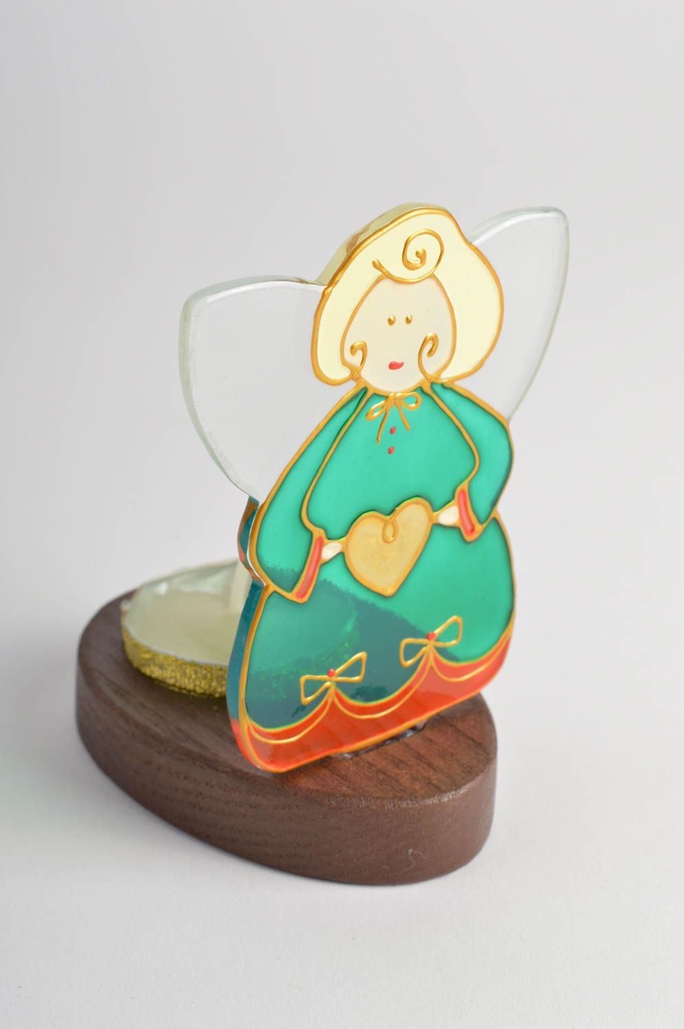Beautiful handmade designer painted fused glass candlestick Angel with Heart photo 3