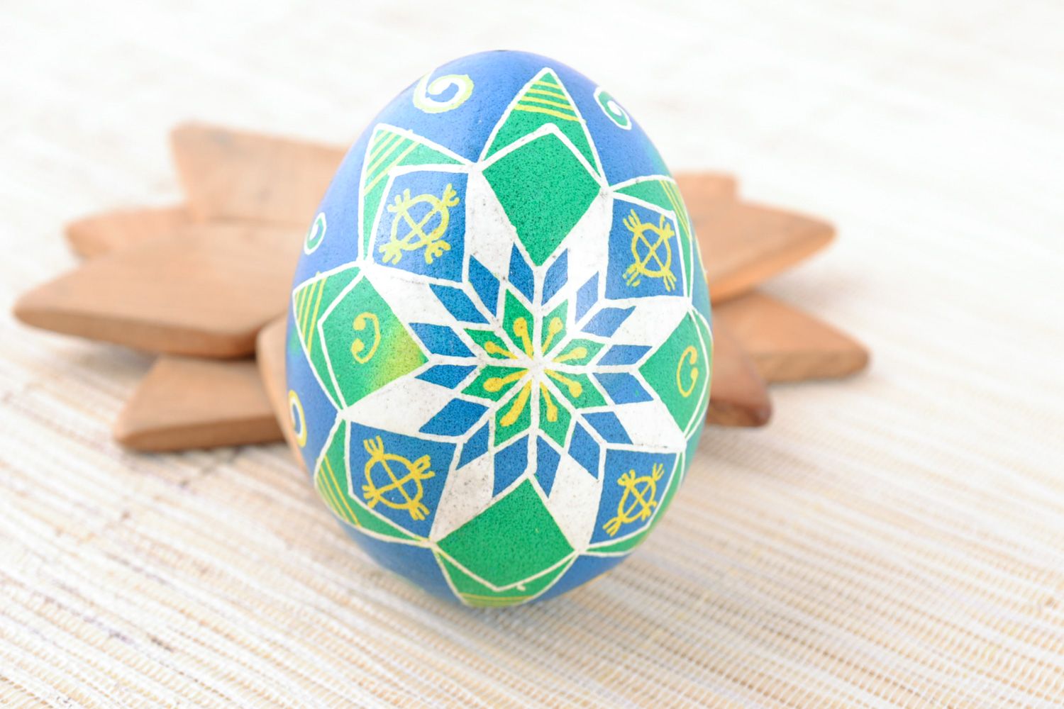 Handmade painted chicken egg with pattern of blue and green colors for Easter photo 1