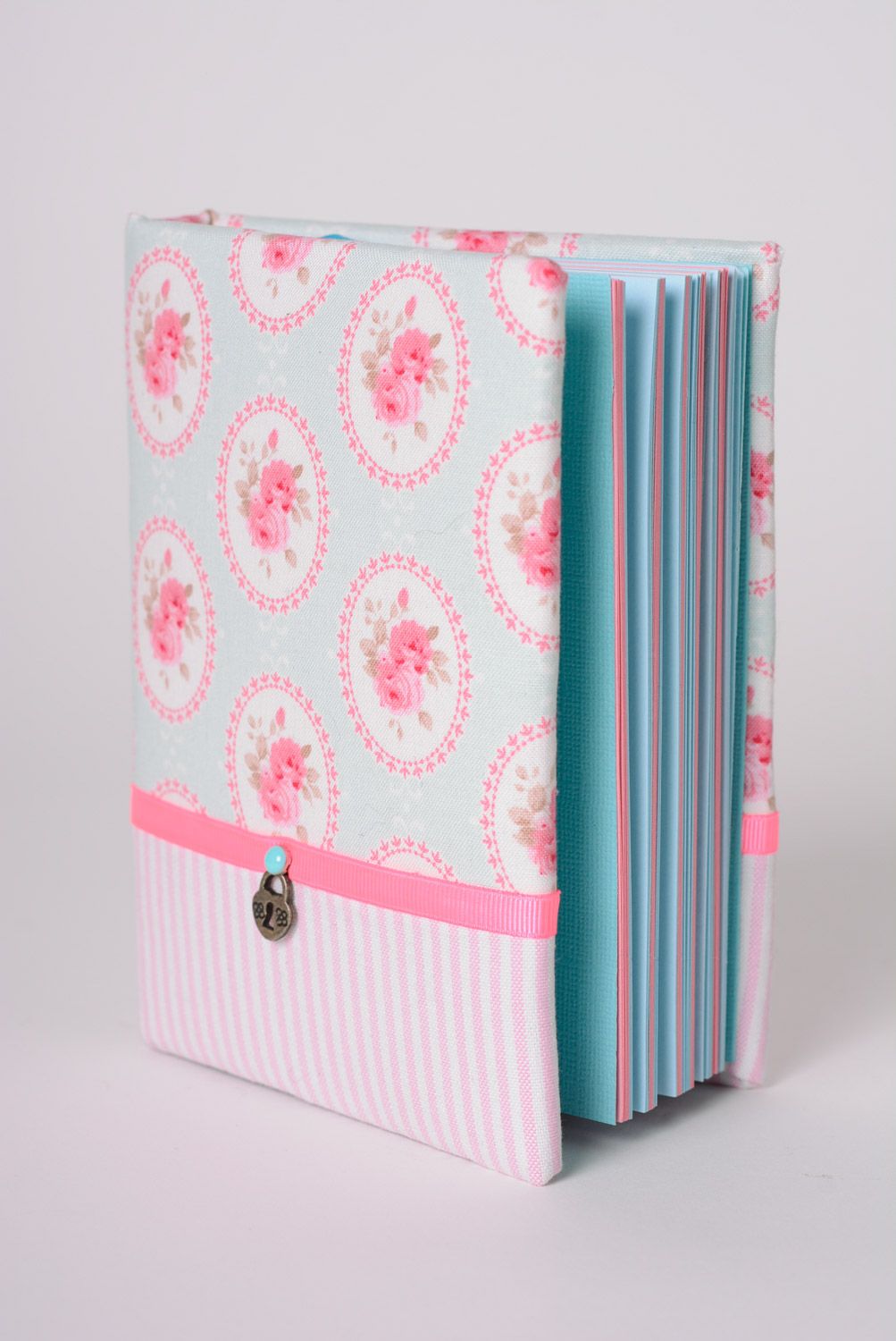 Women's handmade designer notebook with fabric cover and colored pages photo 1