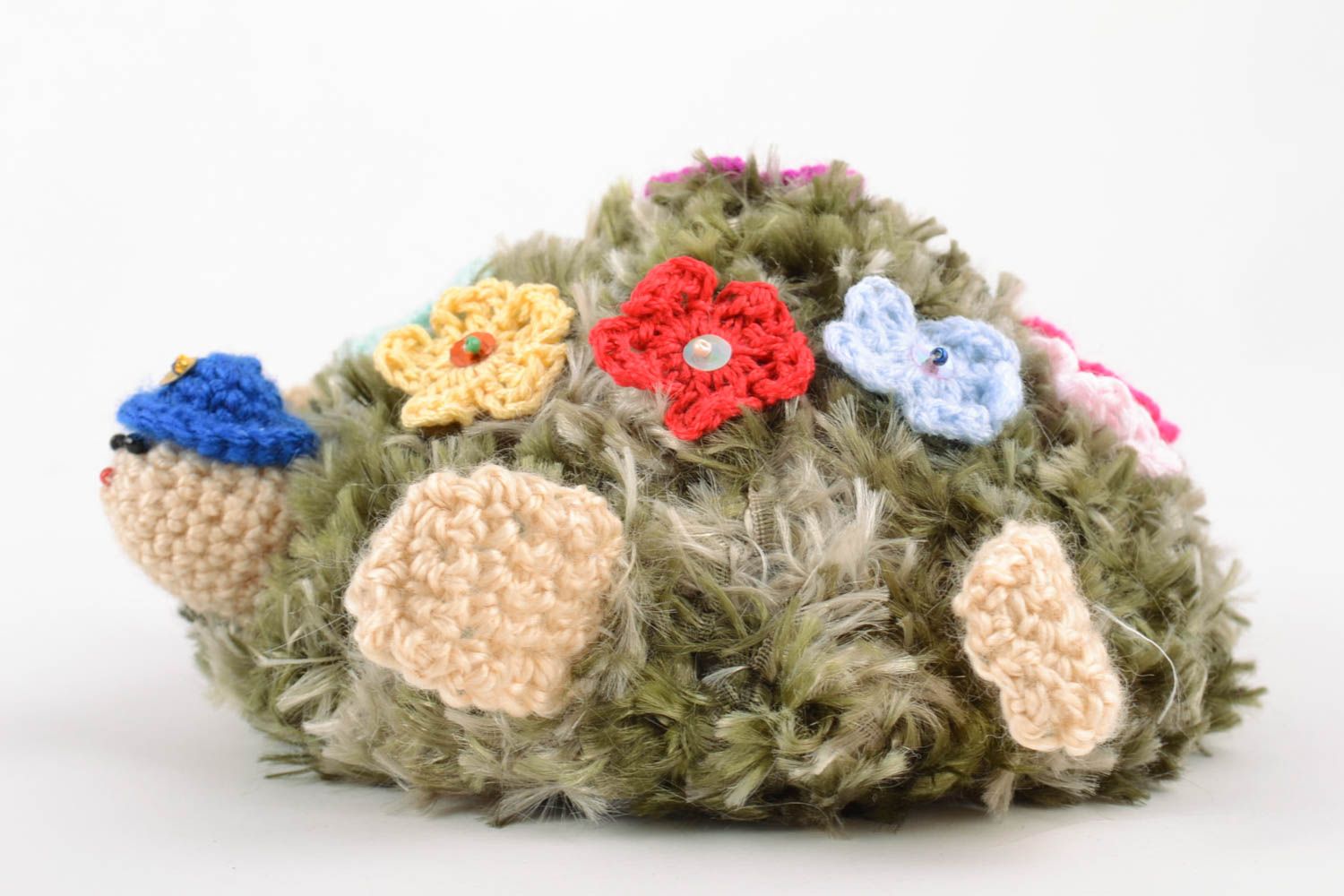 Jouet mou tricoté en laine naturelle fait main pour enfant Tortue à fleurs photo 4
