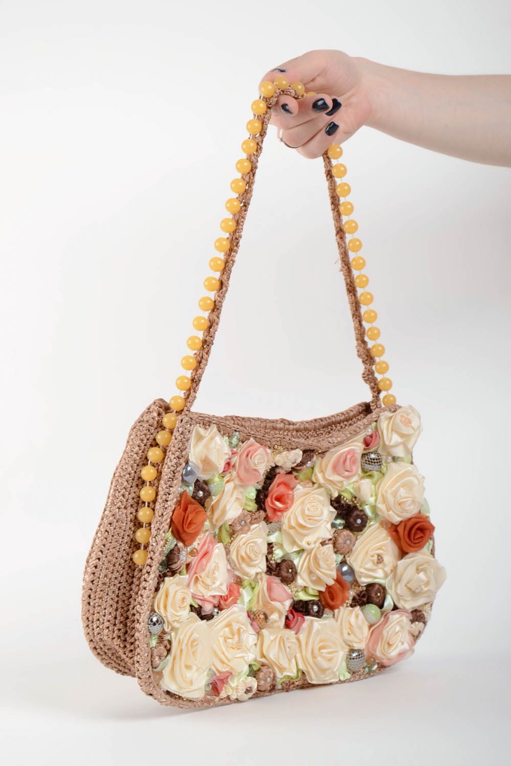 Bright beautiful handmade women's fabric bag with beads and flowers photo 5